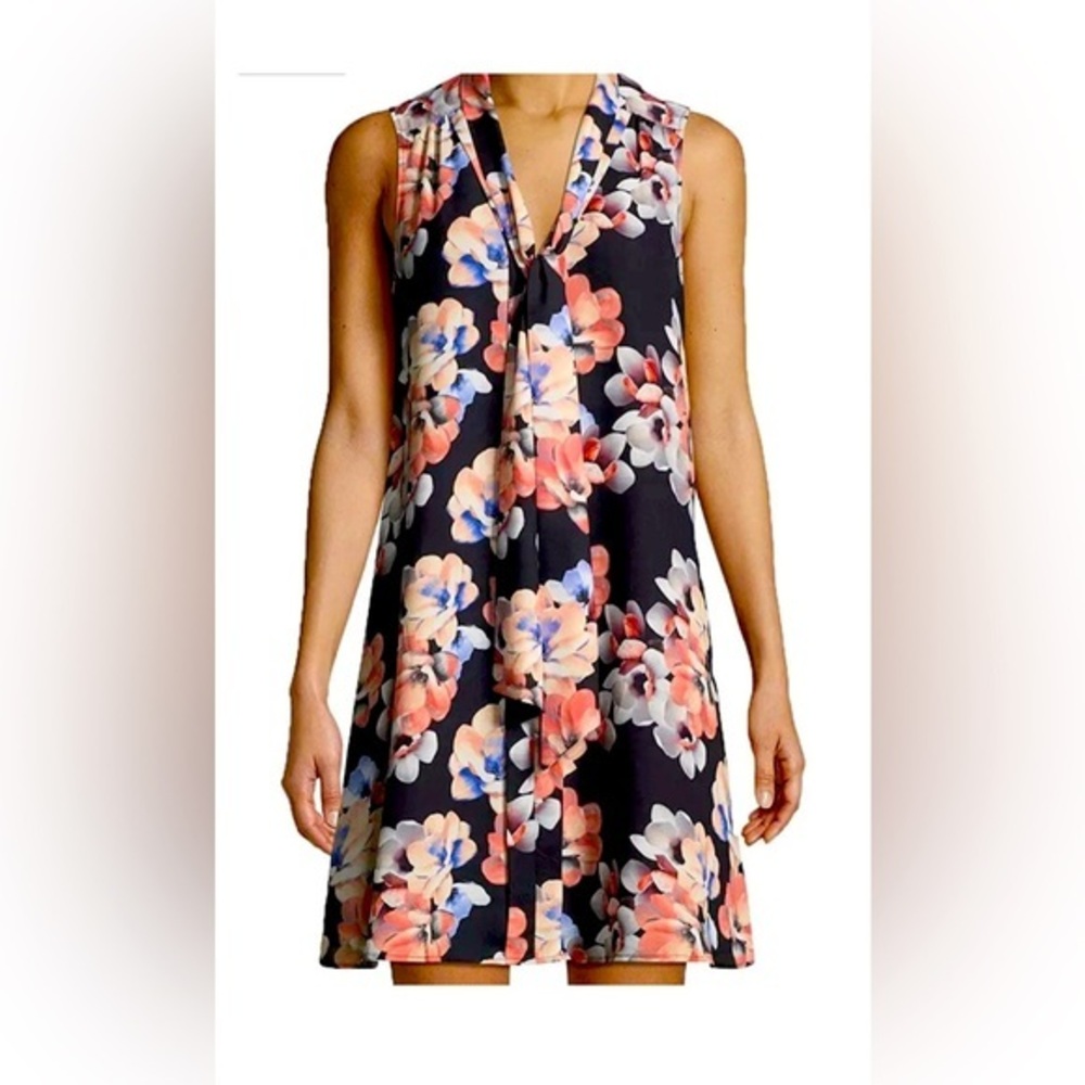 Cece by Cynthia Steffe Black Floral Tie Neck Shift Dress 12 Perfect for Easter!